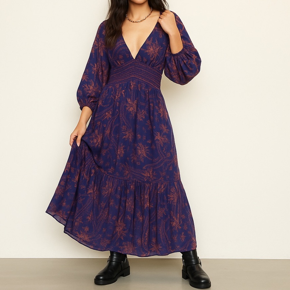 Free People Golden Hour Floral Maxi Dress Navy